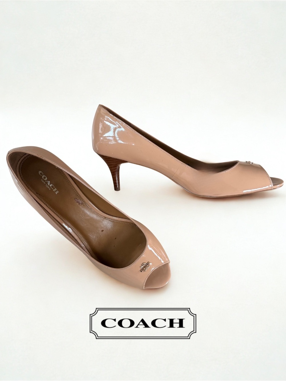 Coach Delilah Patent Leather Peep Toe Heels Nude Shell 11 M Mid Kitten Heel Box